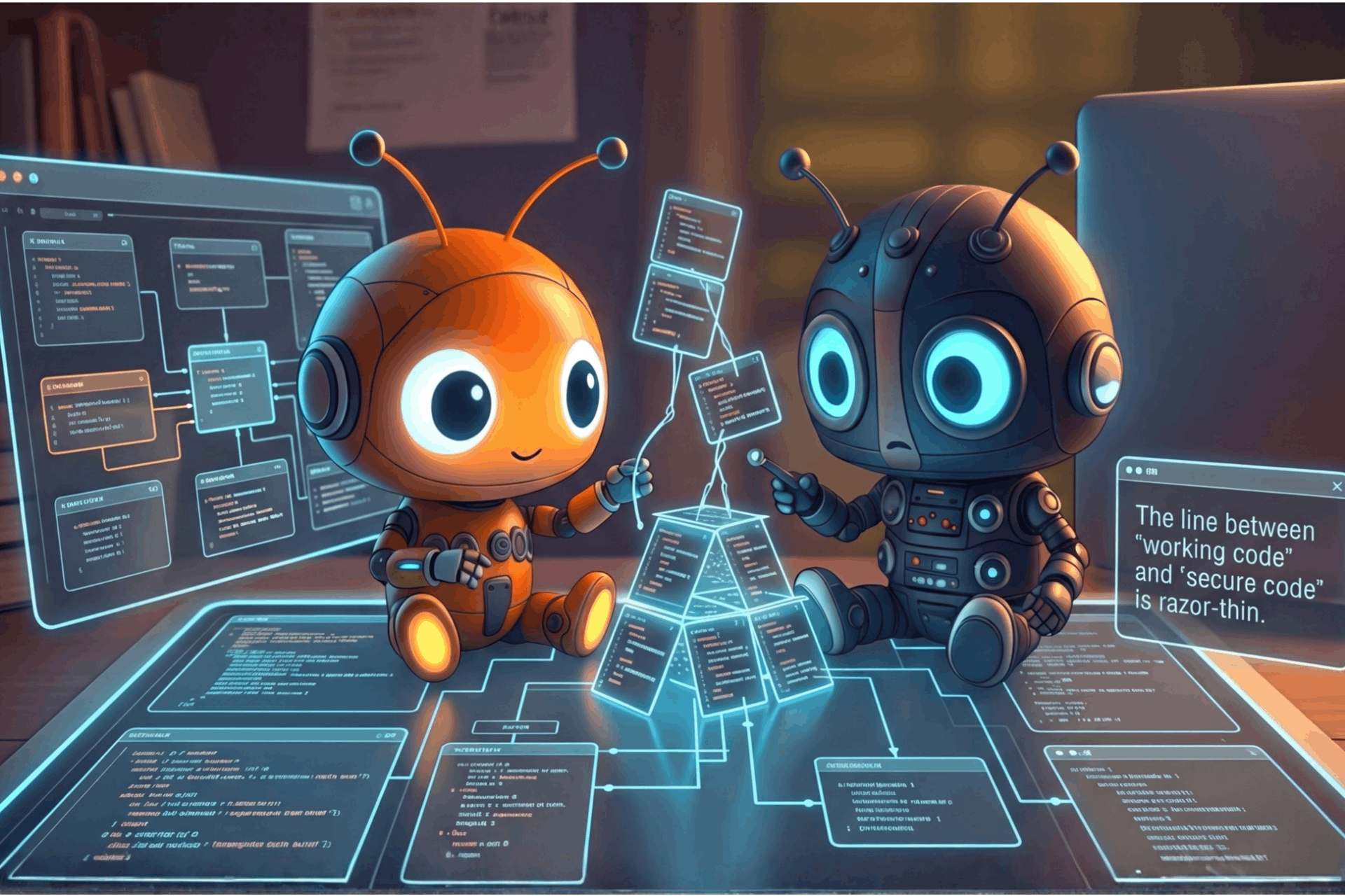 Twee robotjes zitten op een laptop